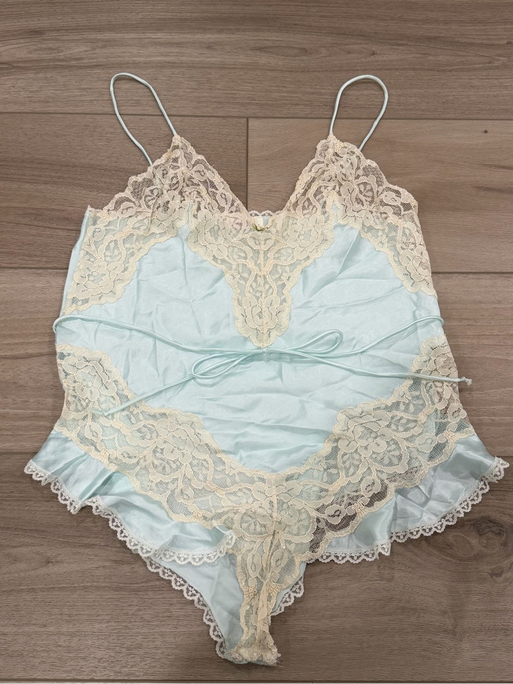 Vintage Frederick's of Hollywood Blue Lace Satin Teddy Bodysuit L Coquette USA